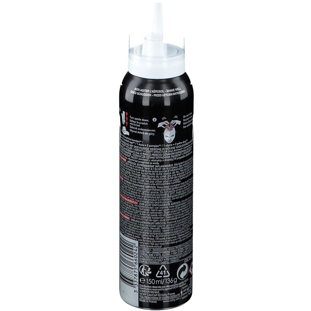Flacon noir avec tête de pulvérisation blanche. Inscriptions: Dercos, Aminexil MEN, Triple Action, contre la chute des cheveux. Logo Vichy.