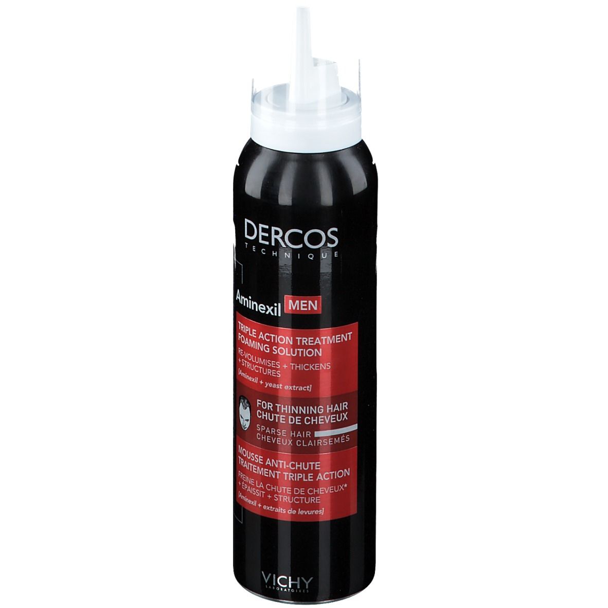 Flacon noir avec tête de pulvérisation blanche. Inscriptions: Dercos, Aminexil MEN, Triple Action, contre la chute des cheveux. Logo Vichy.
