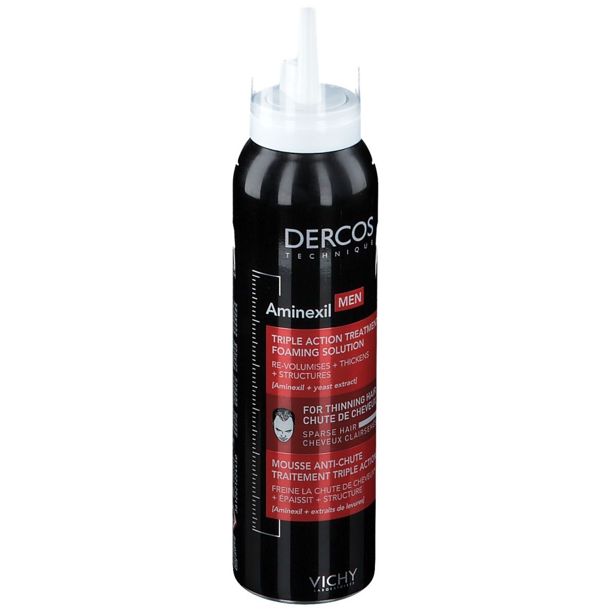 Flacon noir avec tête de pulvérisation blanche. Inscriptions: Dercos, Aminexil MEN, Triple Action, contre la chute des cheveux. Logo Vichy.