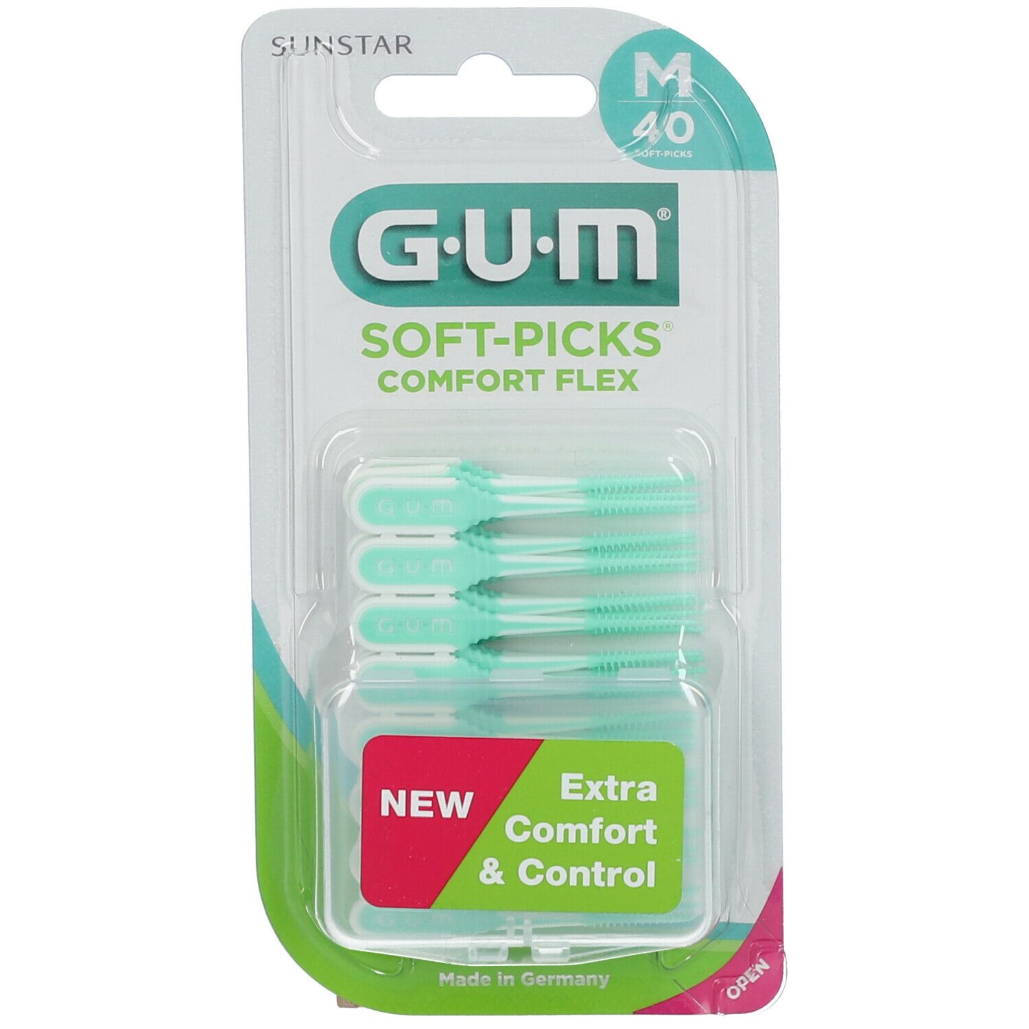 Emballage GUM Soft-Picks Comfort Flex. Têtes de brosse verdâtres. Texte : Extra Comfort & Control, Made in Germany.