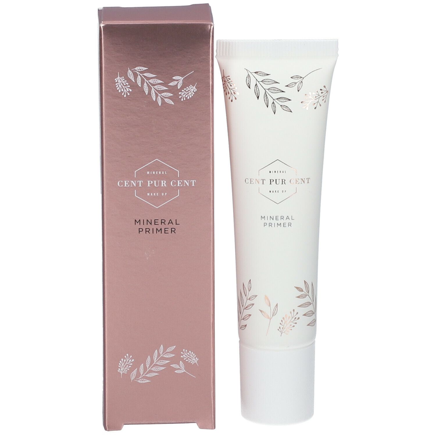 Emballage du produit avec tube. Tube et boîte avec motifs floraux et texte. Nom du produit : Mineral Primer. Couleur : Rose.