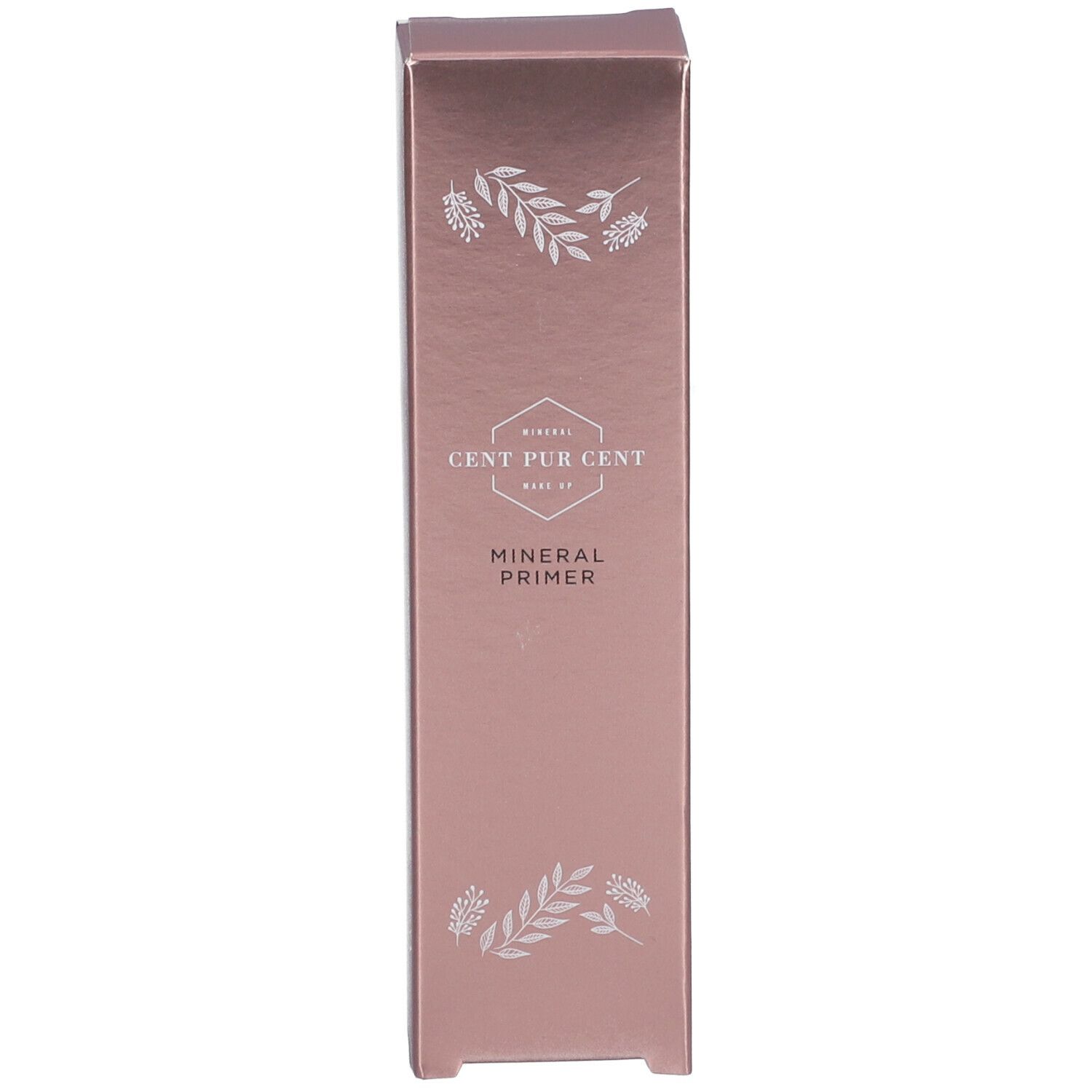 Boîte avec motifs floraux et texte. Nom du produit : Mineral Primer. Couleur : Rose.