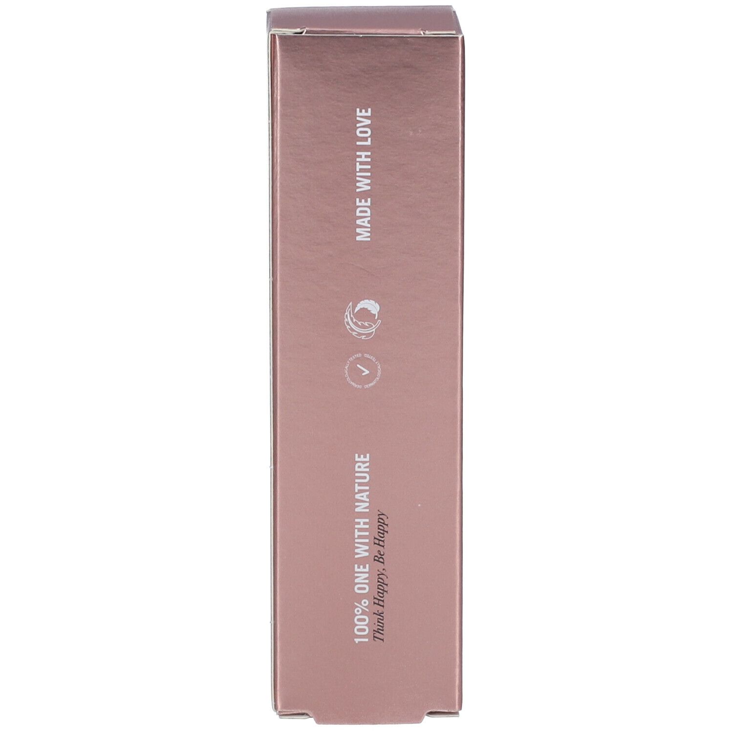 Boîte, texte : 'Made with love', logo, '100% one with nature'. Couleur : Rose.