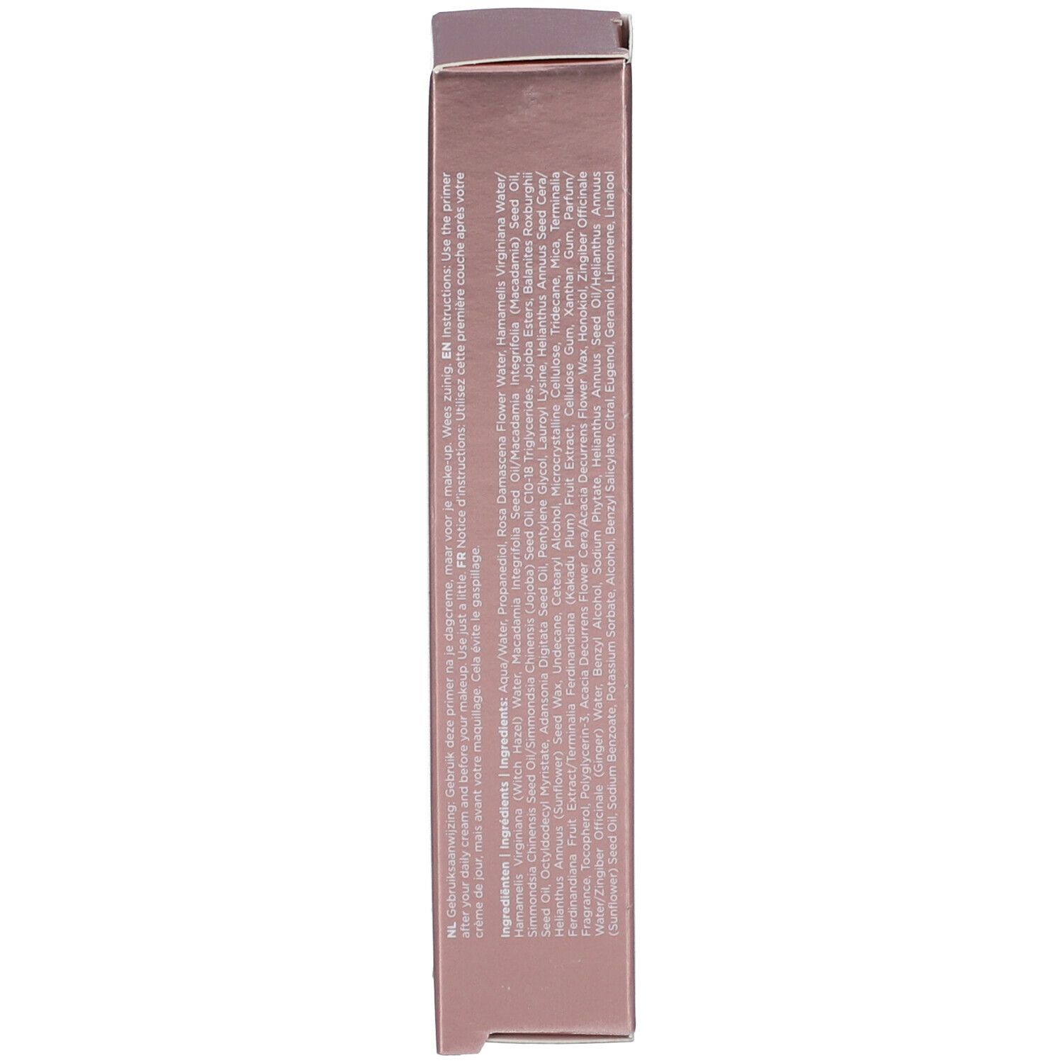 Boîte, texte : ingrédients, instructions d'utilisation en plusieurs langues. Couleur : Rose.