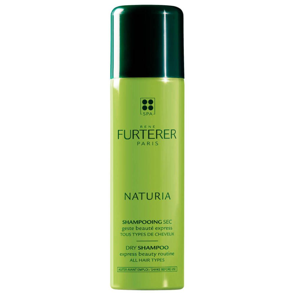 Flacon vert avec bouchon noir. Inscription: Rene Furterer Paris, Naturia, shampooing sec.