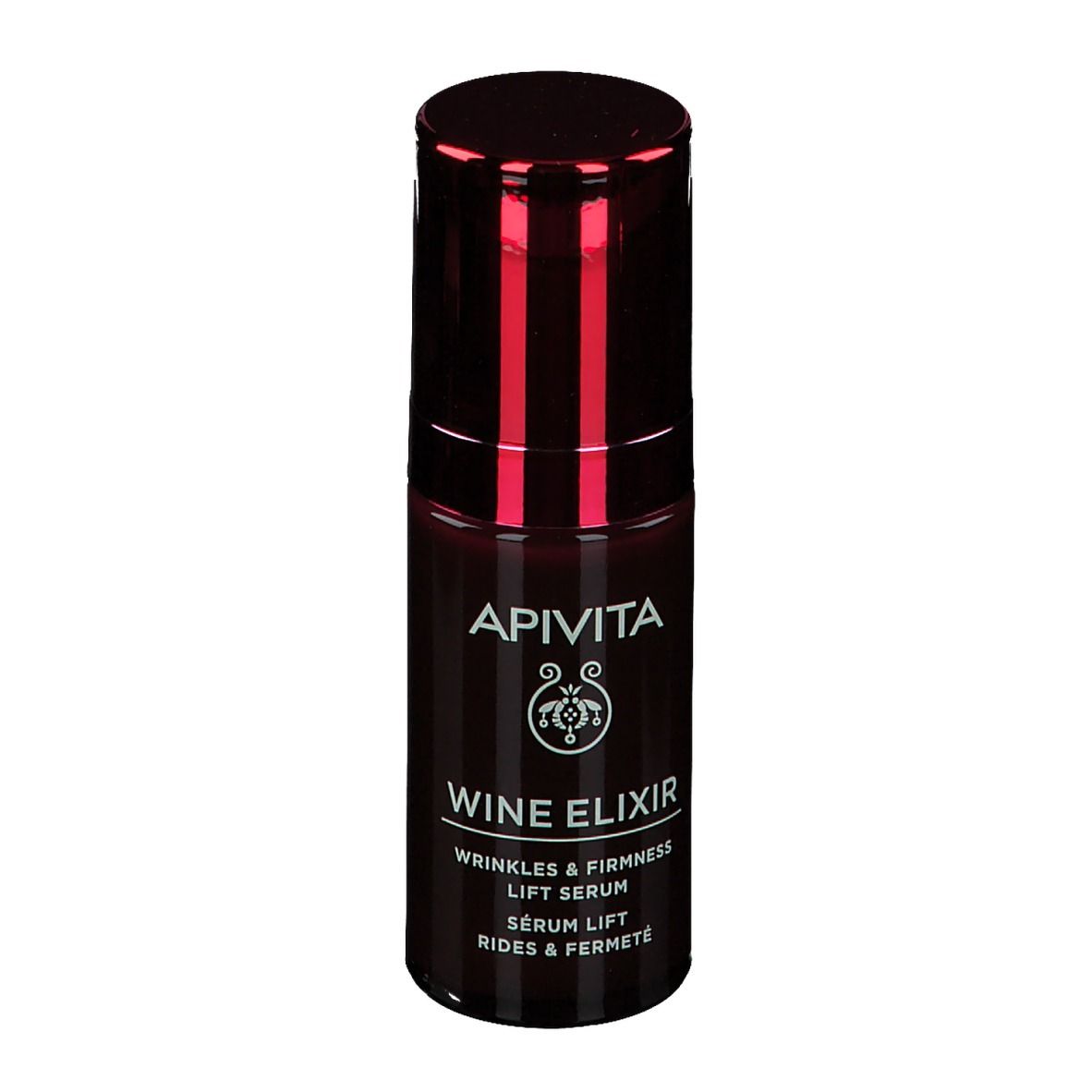 Dunkelrote Flasche mit rotem Deckel. Aufschrift: APIVITA, Wine Elixir, Lift Serum. Weißer Hintergrund.