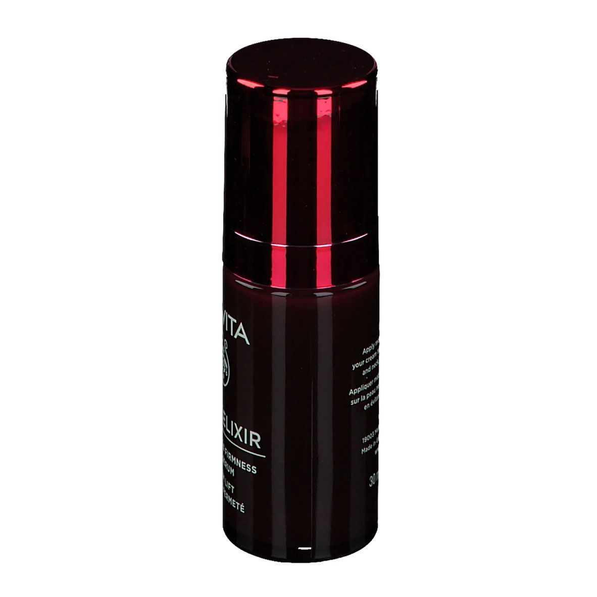 Dunkelrote Flasche mit rotem Deckel. Aufschrift: APIVITA, Wine Elixir, Lift Serum. Text auf der Seite.