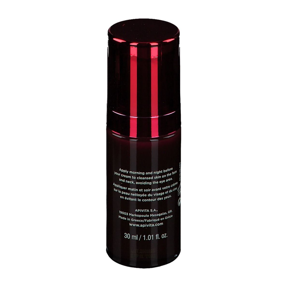Dunkelrote Flasche mit rotem Deckel. Aufschrift: APIVITA, Wine Elixir, Lift Serum. Text mit Anwendungshinweisen.