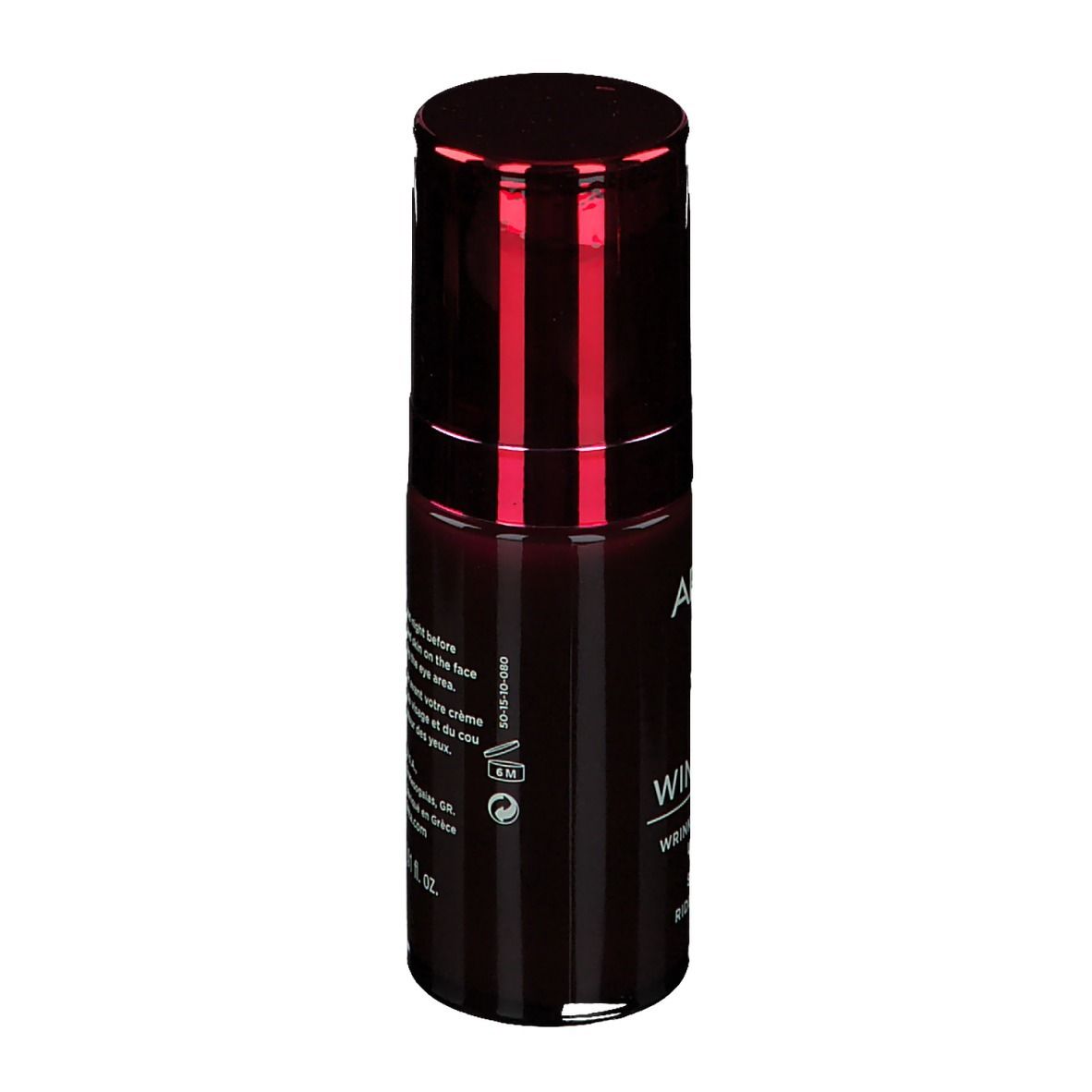 Dunkelrote Flasche mit rotem Deckel. Aufschrift: APIVITA, Wine Elixir, Lift Serum. Text mit Herstellerinformationen.