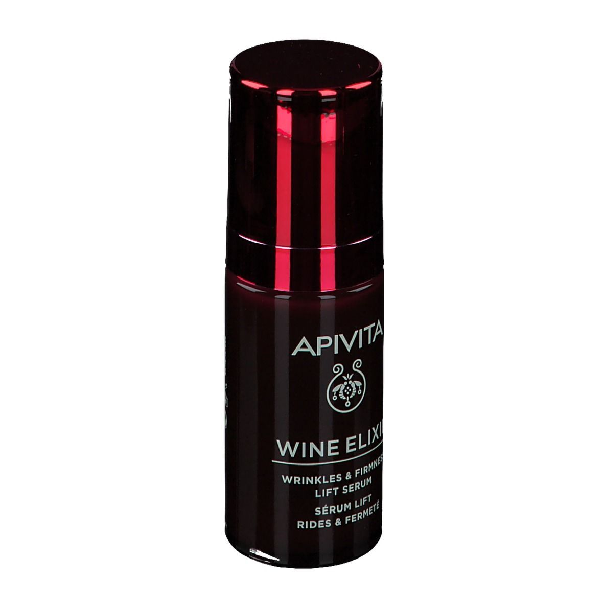 Dunkelrote Flasche mit rotem Deckel. Aufschrift: APIVITA, Wine Elixir, Lift Serum. Weißer Hintergrund.