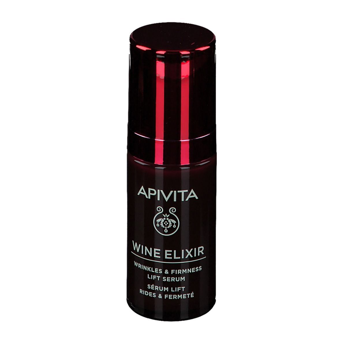 Dunkelrote Flasche mit rotem Deckel. Aufschrift: APIVITA, Wine Elixir, Lift Serum. Weißer Hintergrund.