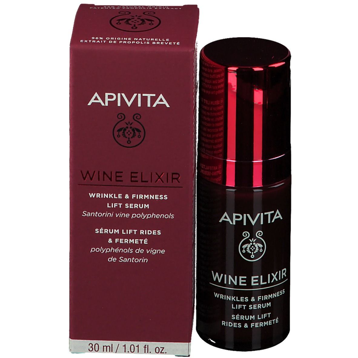 Produktverpackung und Flasche. Aufschrift: APIVITA, Wine Elixir, Lift Serum. Roter Karton und Flasche.