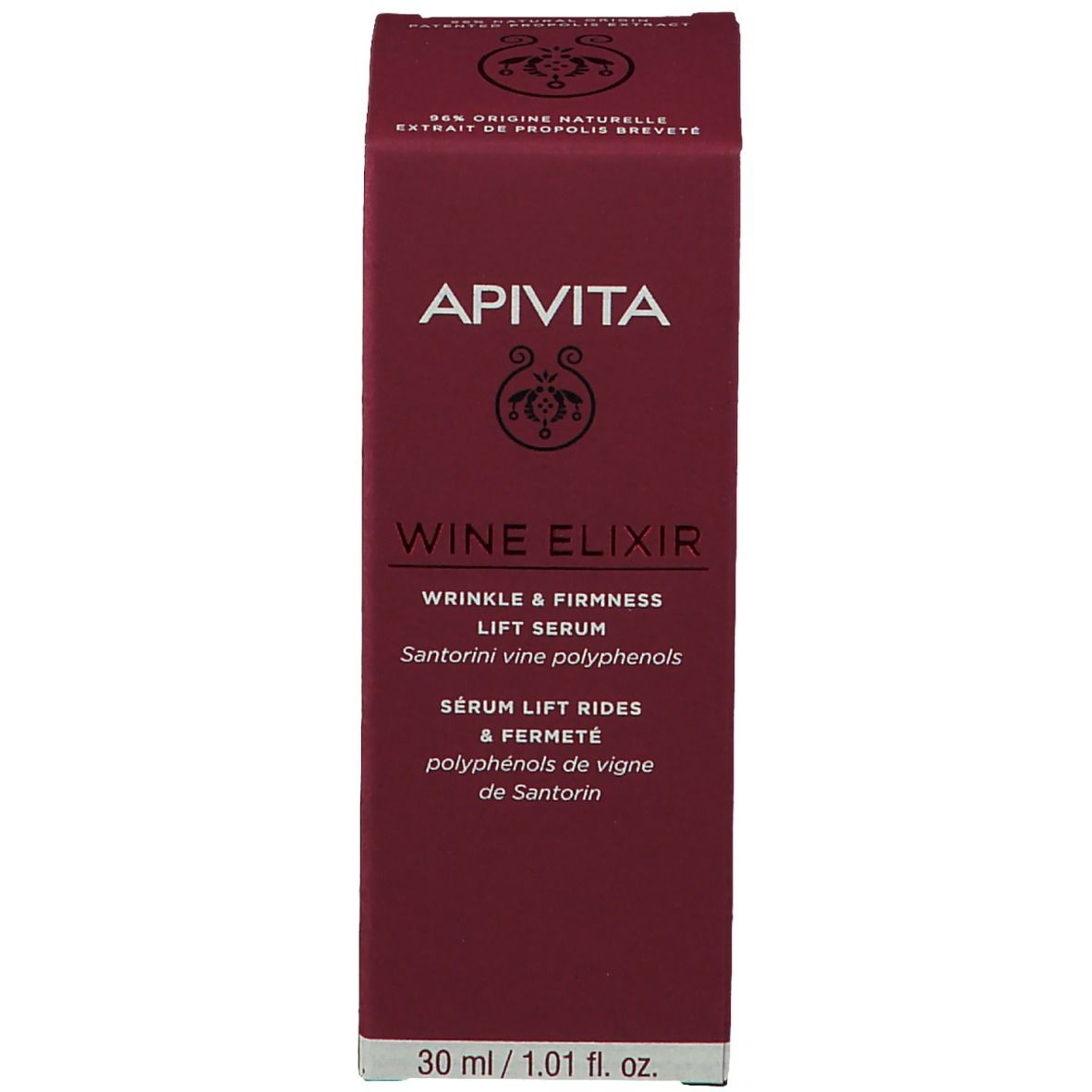 Produktverpackung. Aufschrift: APIVITA, Wine Elixir, Lift Serum. Roter Karton mit Produktinformationen.