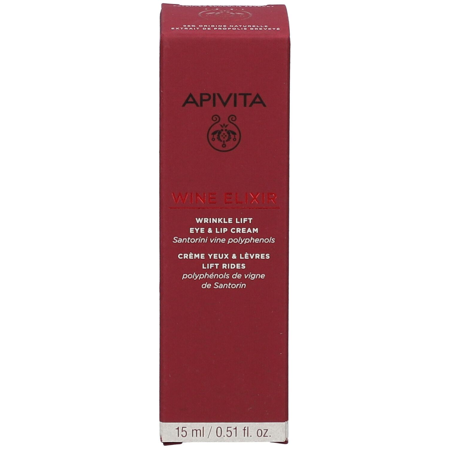 Rode doos met witte tekst. Oog- en lippencreme. Merk: APIVITA. Productnaam: Wine Elixir. Inhoud: 15 ml.