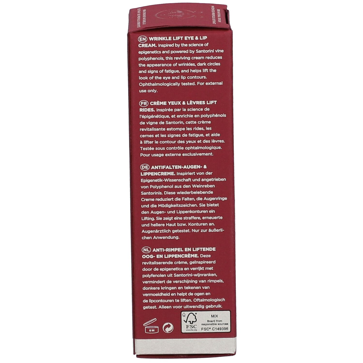 Achterkant van de doos. Meertalige tekst. Productinformatie en instructies. Merk: APIVITA. Inhoud: 15 ml.