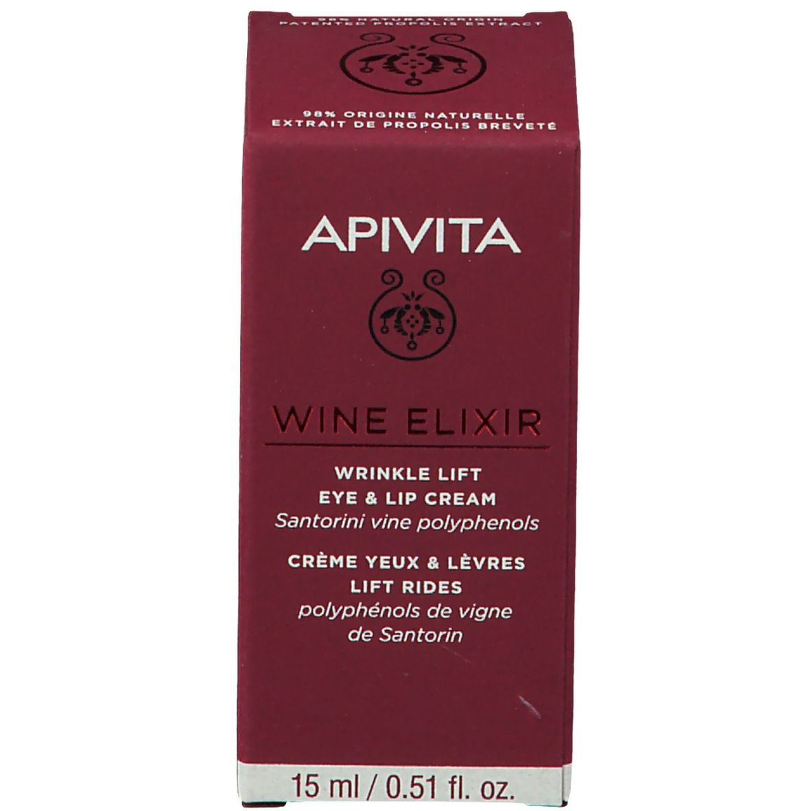 Rode doos met witte tekst. Oog- en lippencreme. Merk: APIVITA. Productnaam: Wine Elixir. Inhoud: 15 ml.