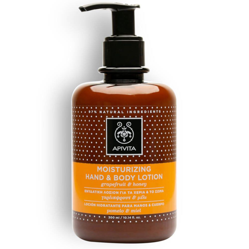 Flacon marron avec pompe noire. Inscription : APIVITA, Lotion Mains & Corps, Pamplemousse & Miel.