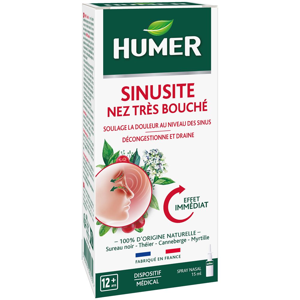 Boîte verte et blanche avec logo et informations produit. Texte: Sinusite, nez très bouché. Effet immédiat. 12+.
