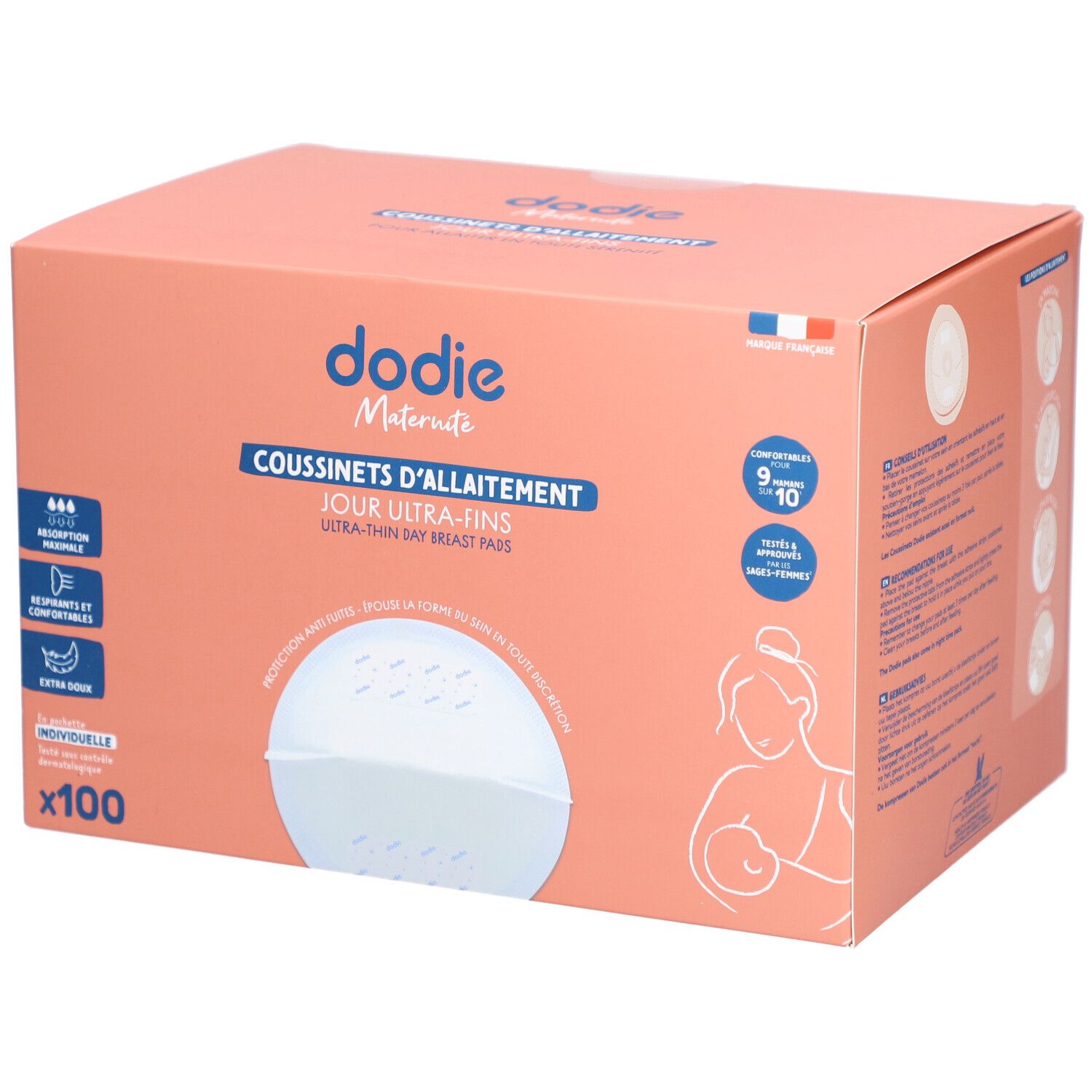 Roze doos dodie® met logo en productnaam. Bevat 100 ultradunne zoogcompressen. Franse vlag.