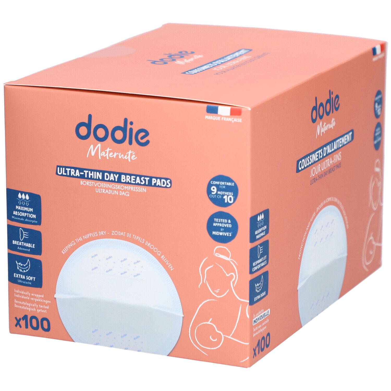 Roze doos dodie® met logo en productnaam. Bevat 100 ultradunne zoogcompressen. Franse vlag.