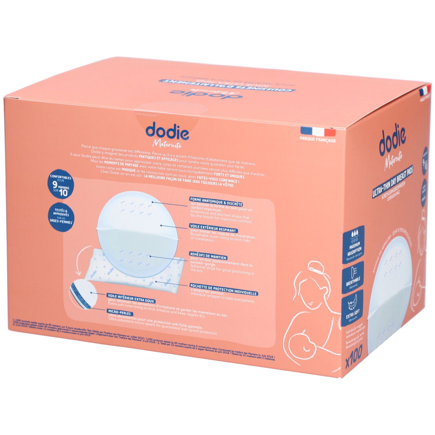 Roze doos dodie® met logo en productnaam. Bevat 100 ultradunne zoogcompressen. Productkenmerken gemarkeerd.