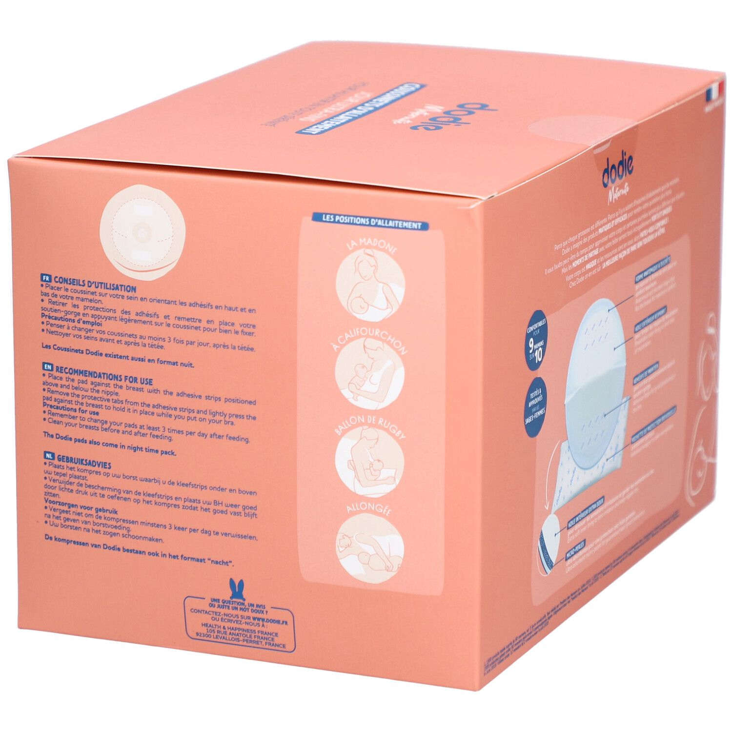 Roze doos dodie® met logo en productnaam. Bevat 100 ultradunne zoogcompressen. Gebruiksadvies.