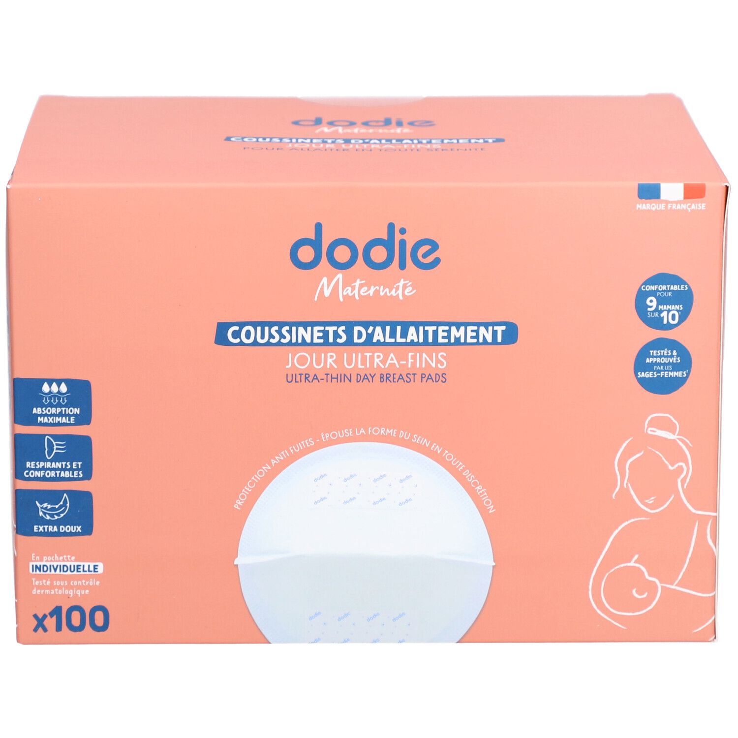 Roze doos dodie® met logo en productnaam. Bevat 100 ultradunne zoogcompressen. Franse vlag.