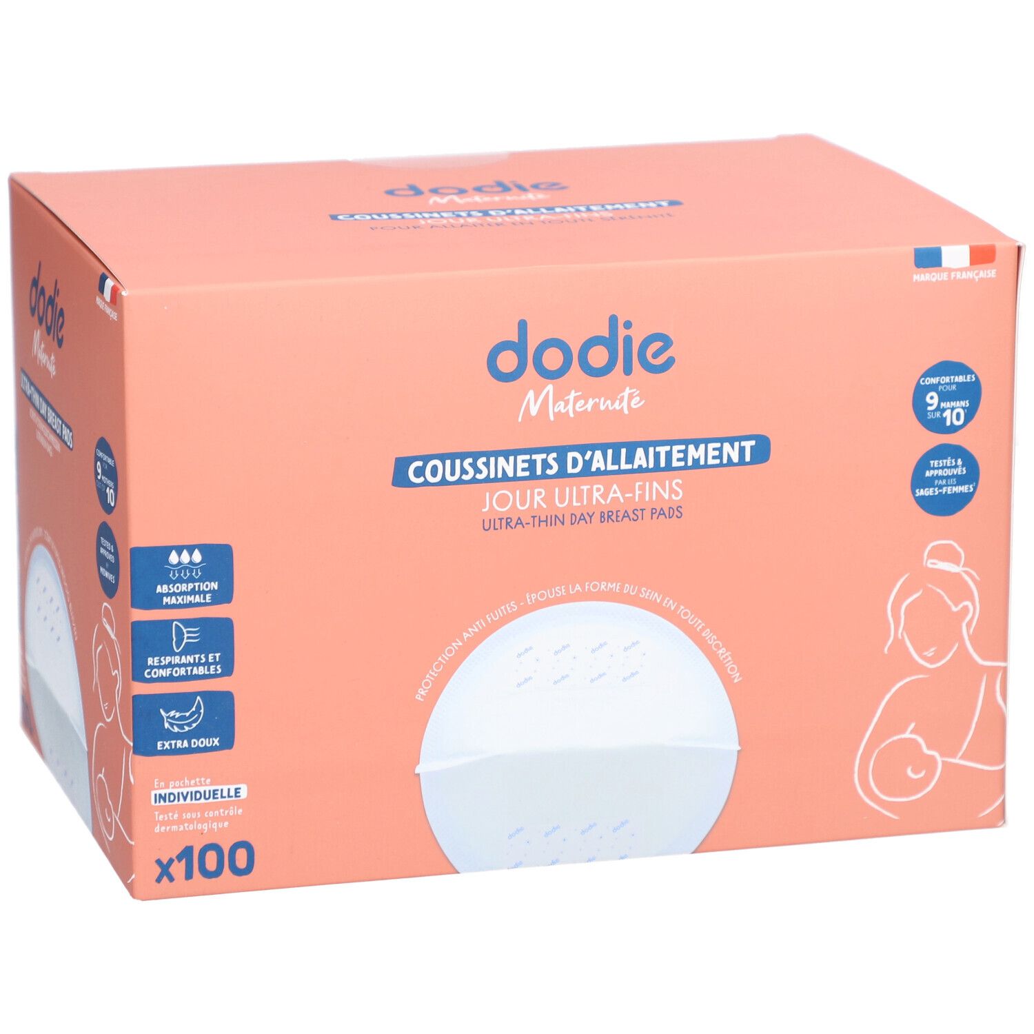 Roze doos dodie® met logo en productnaam. Bevat 100 ultradunne zoogcompressen. Franse vlag.