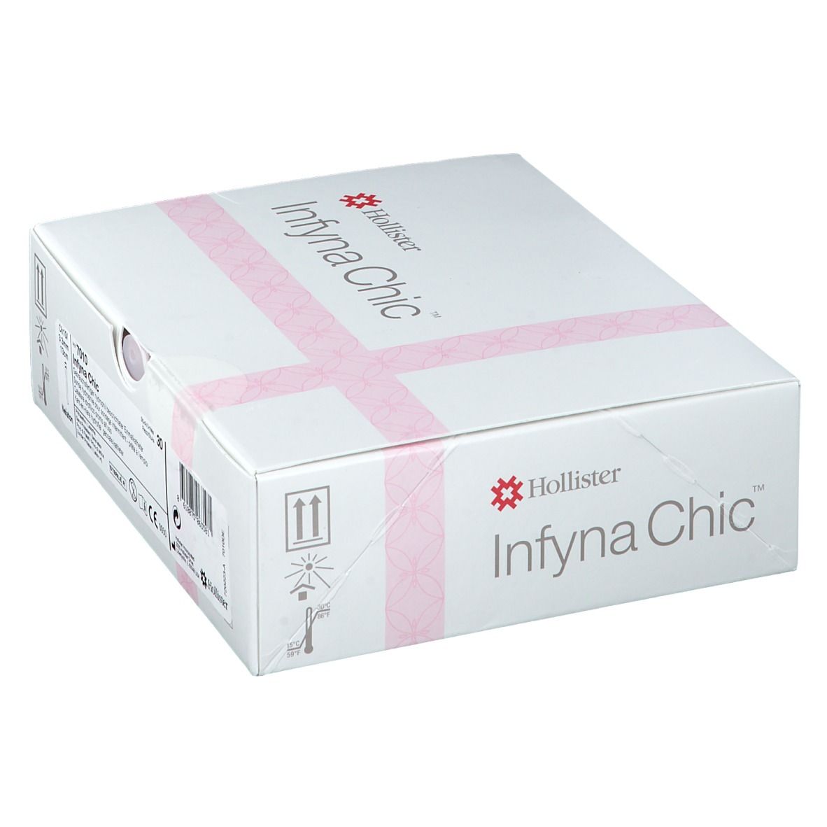 Witte verpakking met roze kruisband. Opschrift: Hollister Infyna Chic. Productafbeelding.