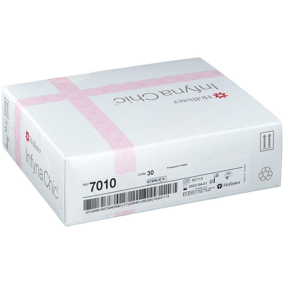 Witte verpakking met roze kruisband. Opschrift: Hollister Infyna Chic, Ref 7010, 30 stuks. Productafbeelding.