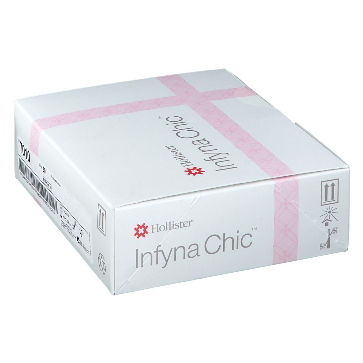 Witte verpakking met roze kruisband. Opschrift: Hollister Infyna Chic, Ref 7010. Productafbeelding.