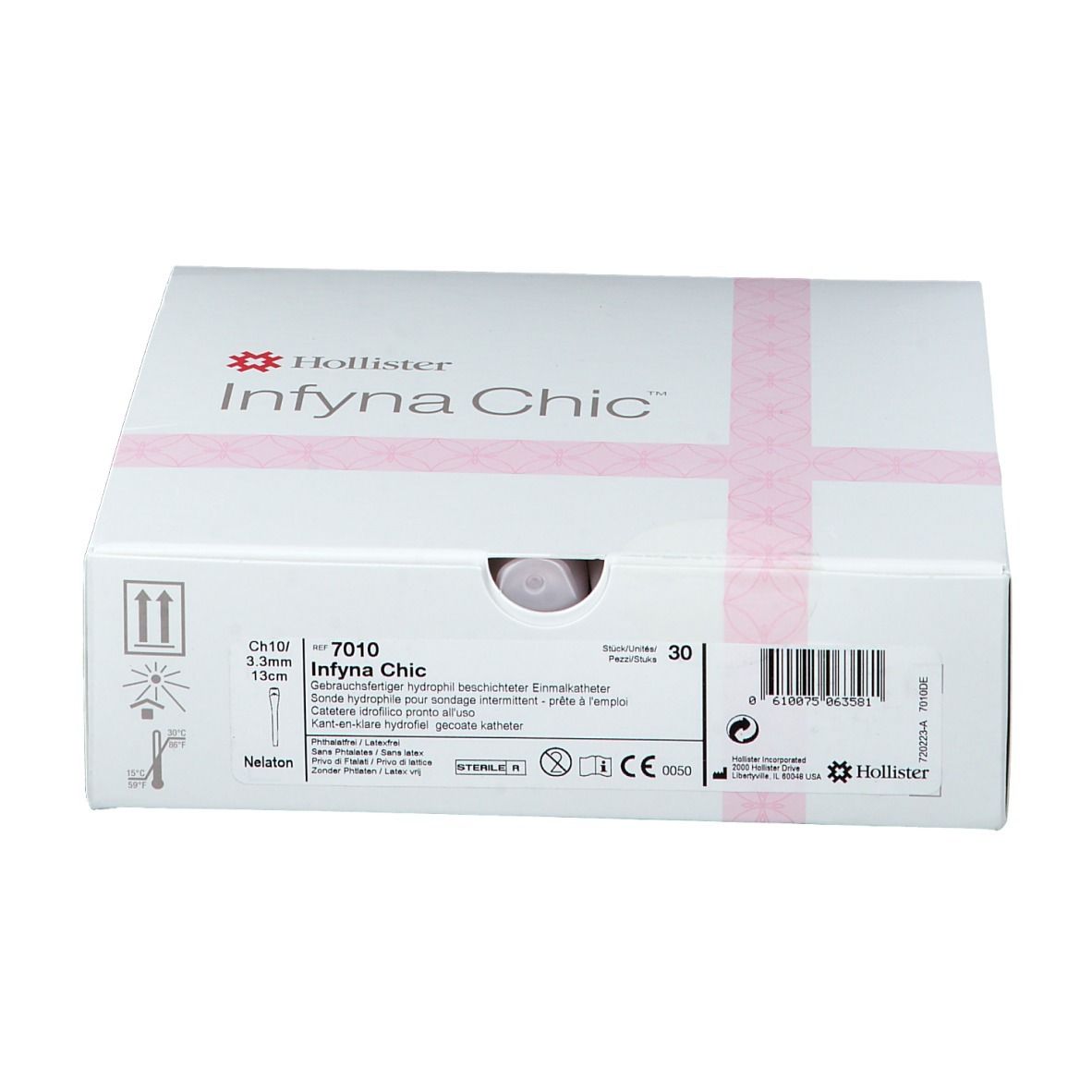 Witte verpakking met roze kruisband. Opschrift: Hollister Infyna Chic, CH10 7010, 30 stuks. Productafbeelding.