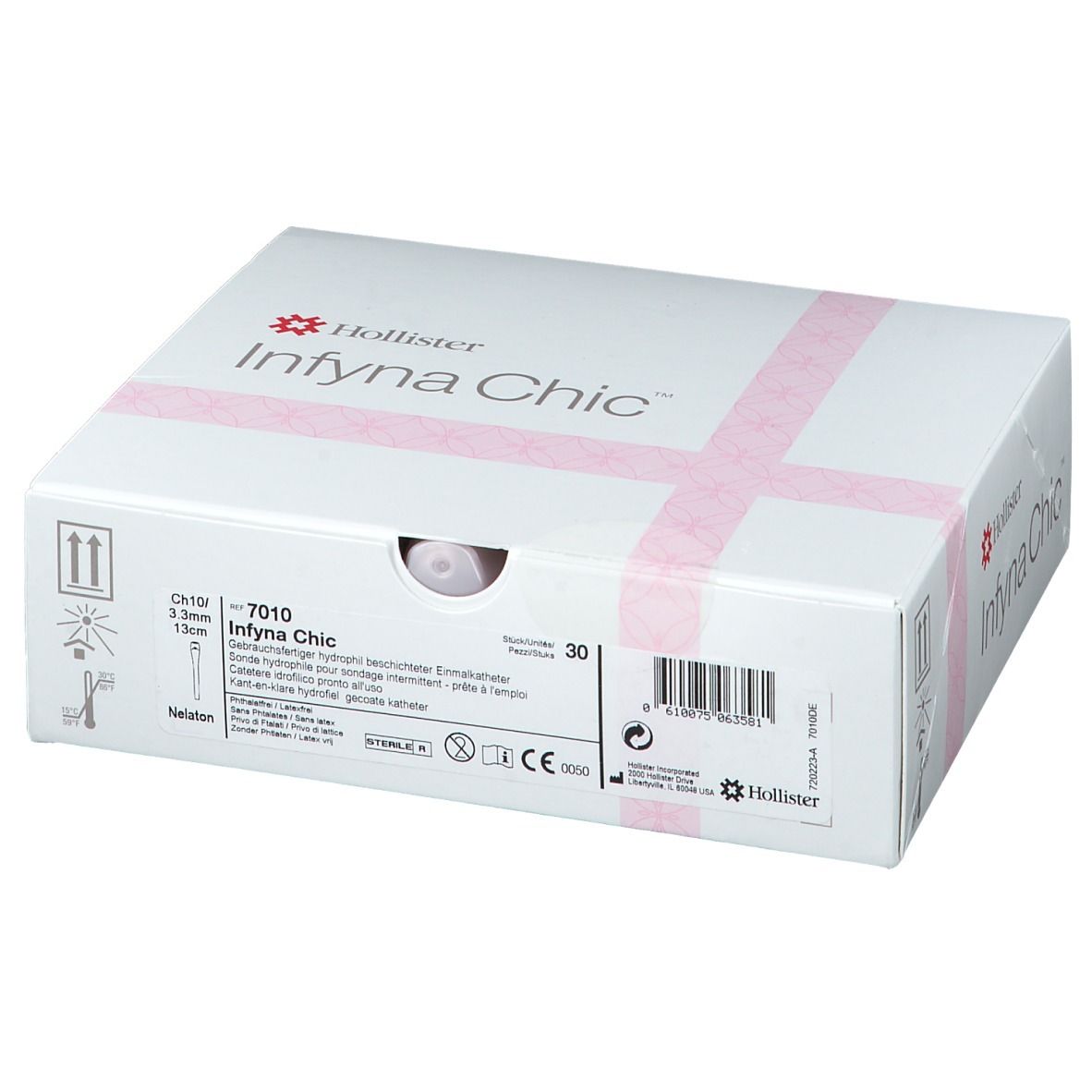 Witte verpakking met roze kruisband. Opschrift: Hollister Infyna Chic, CH10 7010, 30 stuks. Productafbeelding.