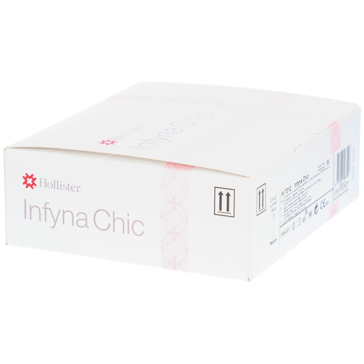 Witte doos met Hollister-logo en productnaam Infyna Chic. Opschriften op de zijkant.