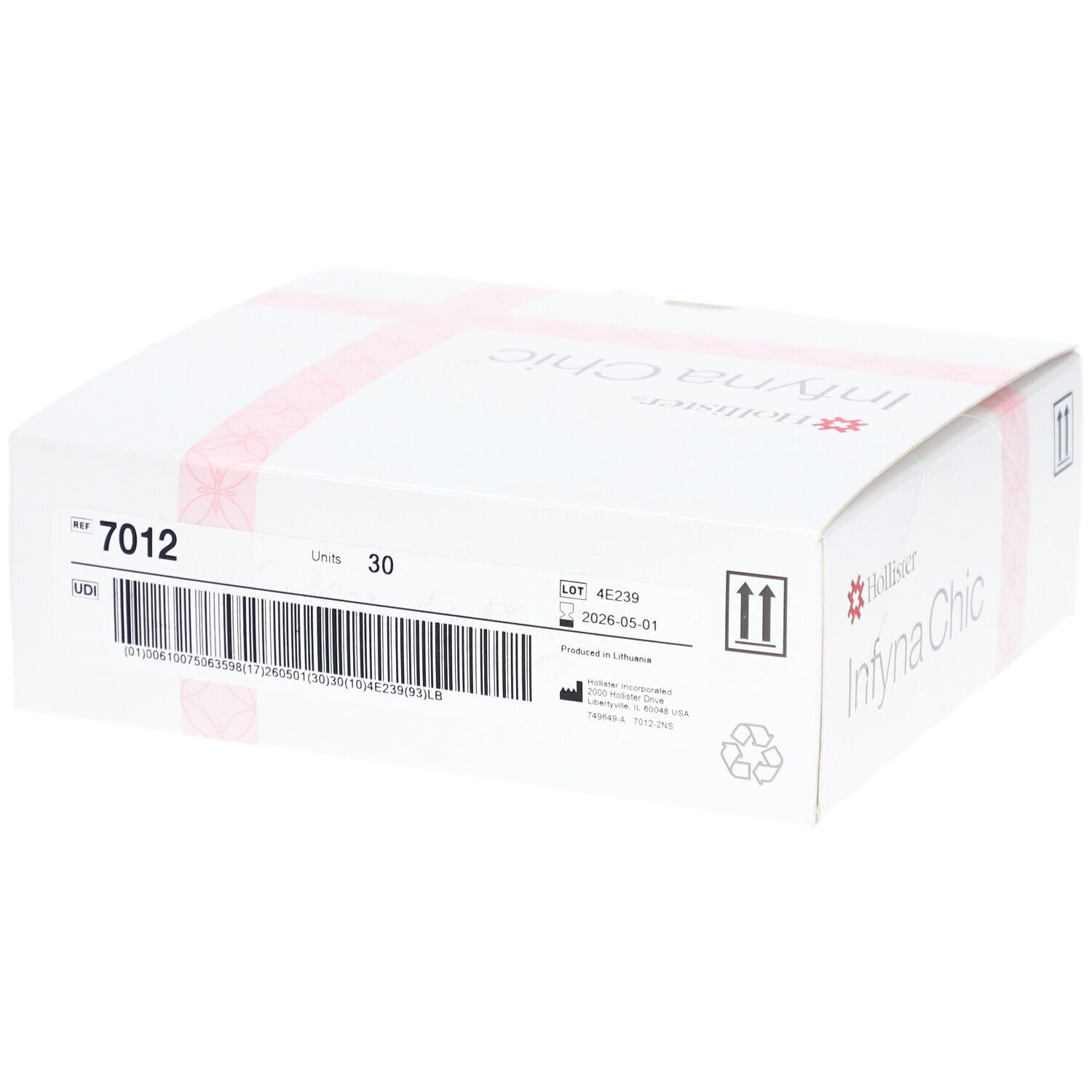 Witte doos met productnaam Infyna Chic. Opschriften: 7012, 30 stuks, barcode, houdbaarheidsdatum, Hollister-logo.
