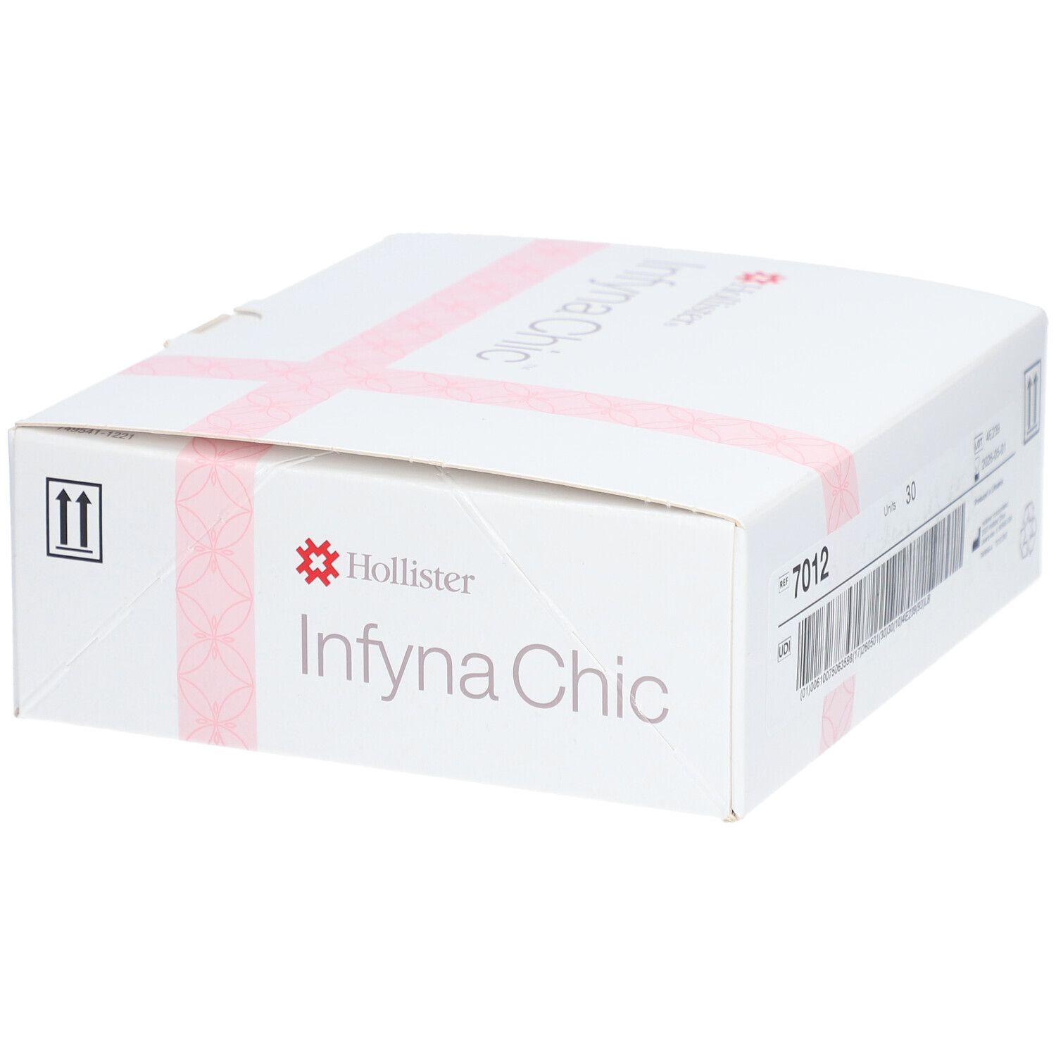 Witte doos met productnaam Infyna Chic en Hollister-logo. Opschriften op de zijkant.