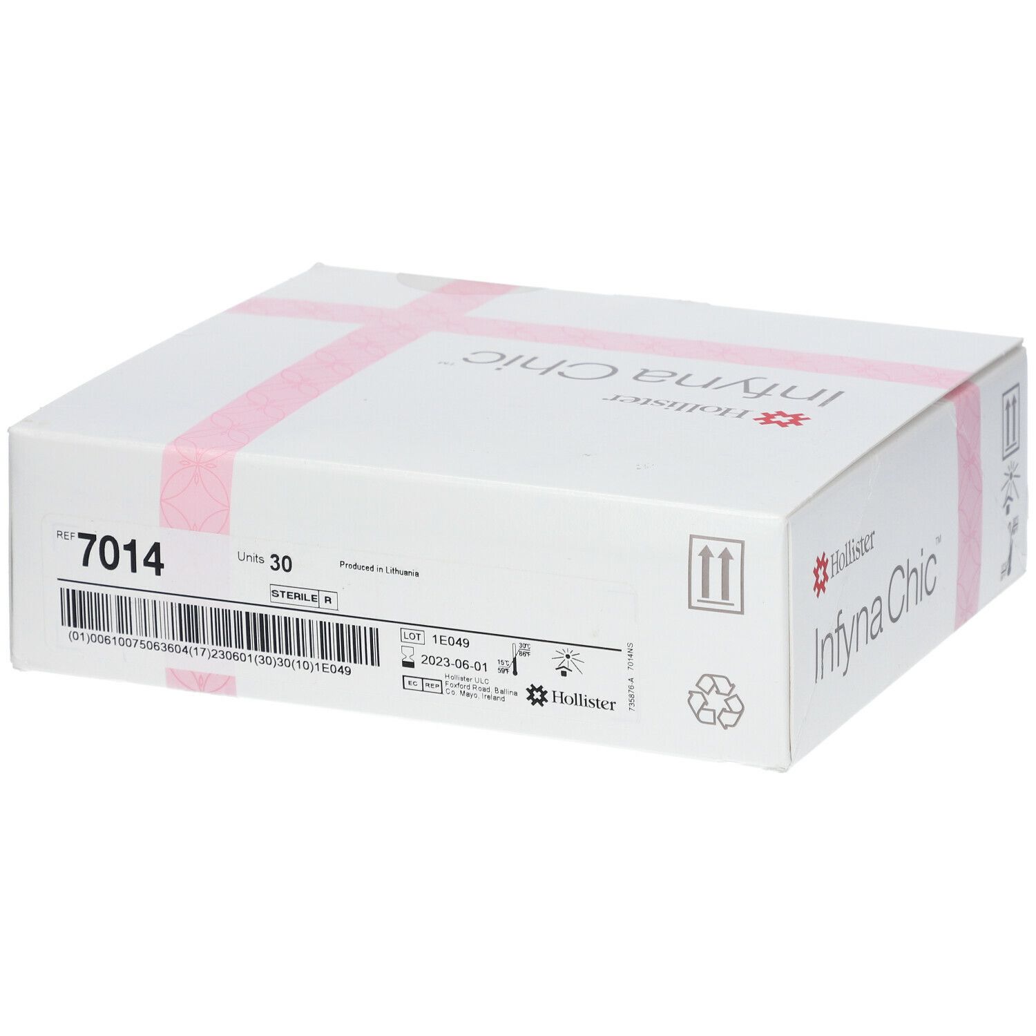 Boîte blanche avec croix rose. Inscription: Hollister Infyna Chic, 7014. Contient 30 cathéters. Date de production.