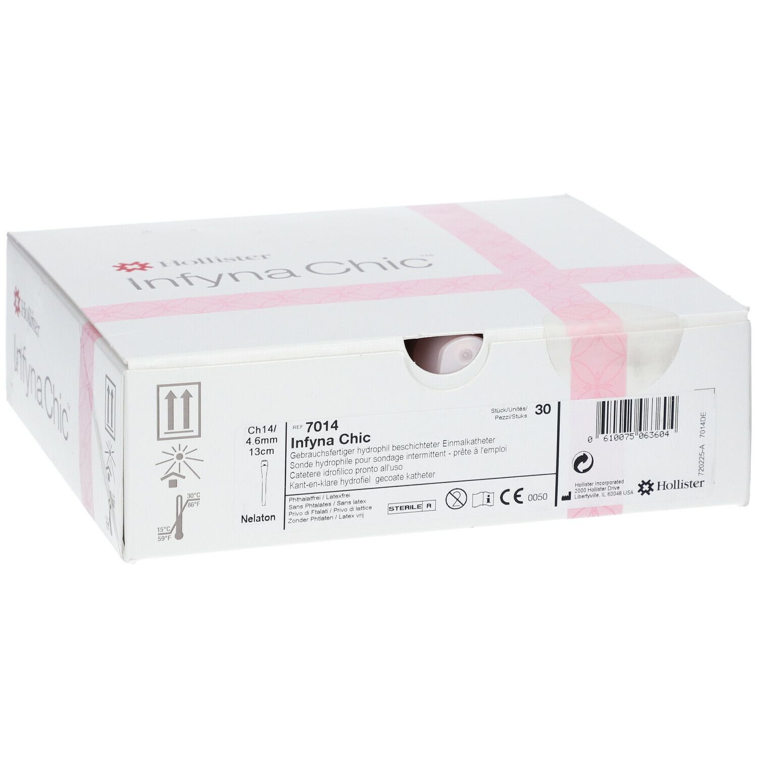 Boîte blanche avec croix rose. Inscription: Hollister Infyna Chic, CH14, 7014. Contient 30 cathéters.