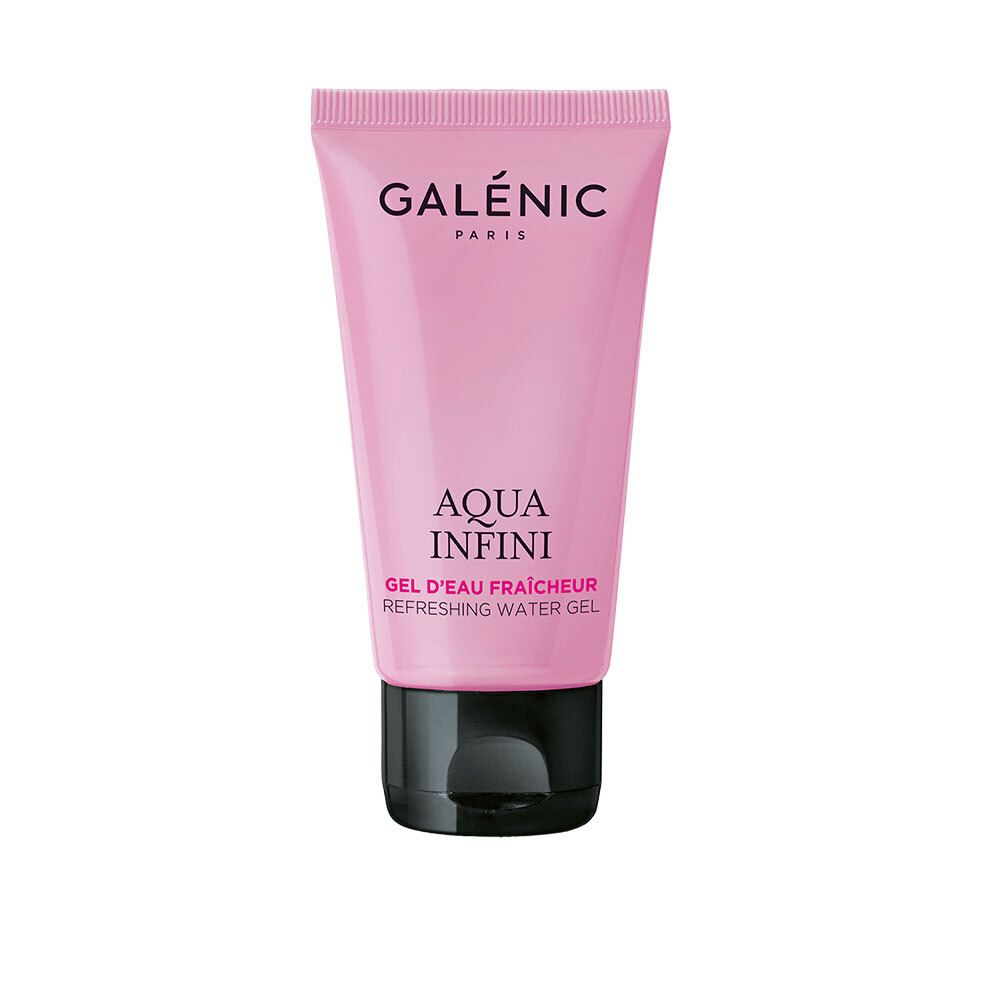 Tube rose avec bouchon noir. Inscriptions: GALÉNIC PARIS, AQUA INFINI, GEL D'EAU FRAÎCHEUR, REFRESHING WATER GEL.