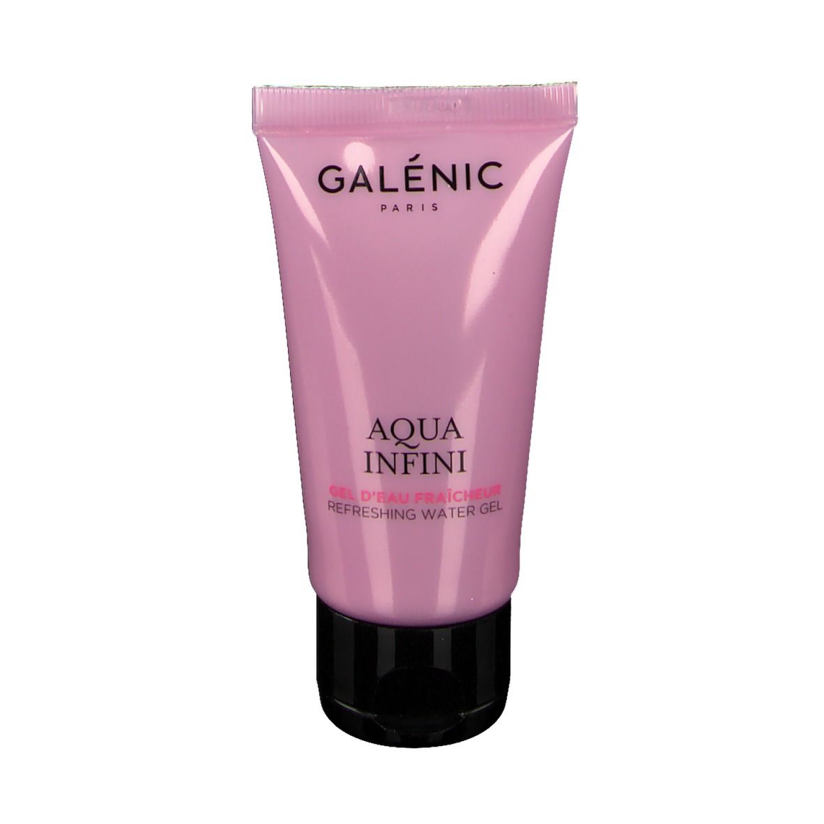 Tube rose avec bouchon noir. Inscriptions: GALÉNIC PARIS, AQUA INFINI, GEL D'EAU FRAÎCHEUR, REFRESHING WATER GEL.