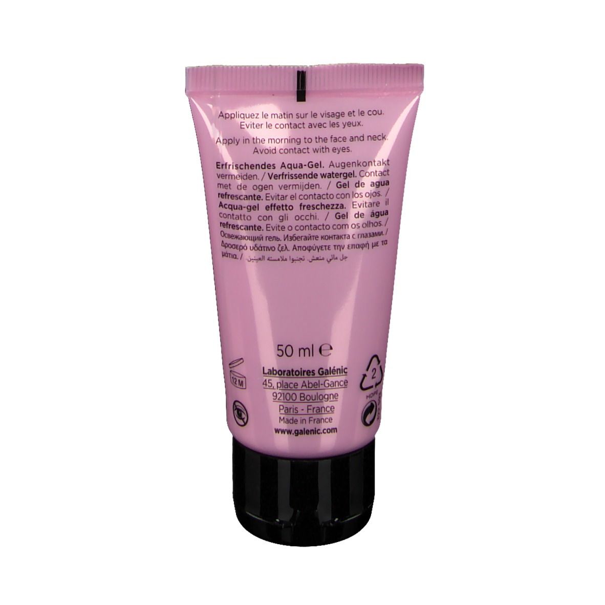 Dos du tube rose. Texte en plusieurs langues, dont l'allemand et le français. 50 ml.