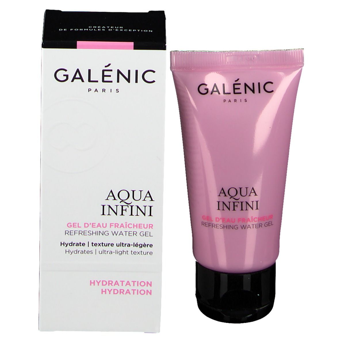 Produit et emballage. Tube rose à côté d'une boîte blanche. Inscriptions: GALÉNIC PARIS, AQUA INFINI.