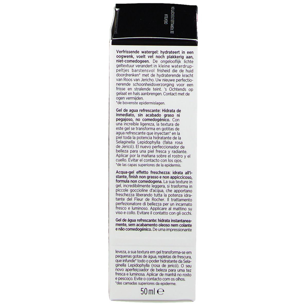 Emballage noir. Texte en plusieurs langues, dont l'allemand et le français. 50 ml.