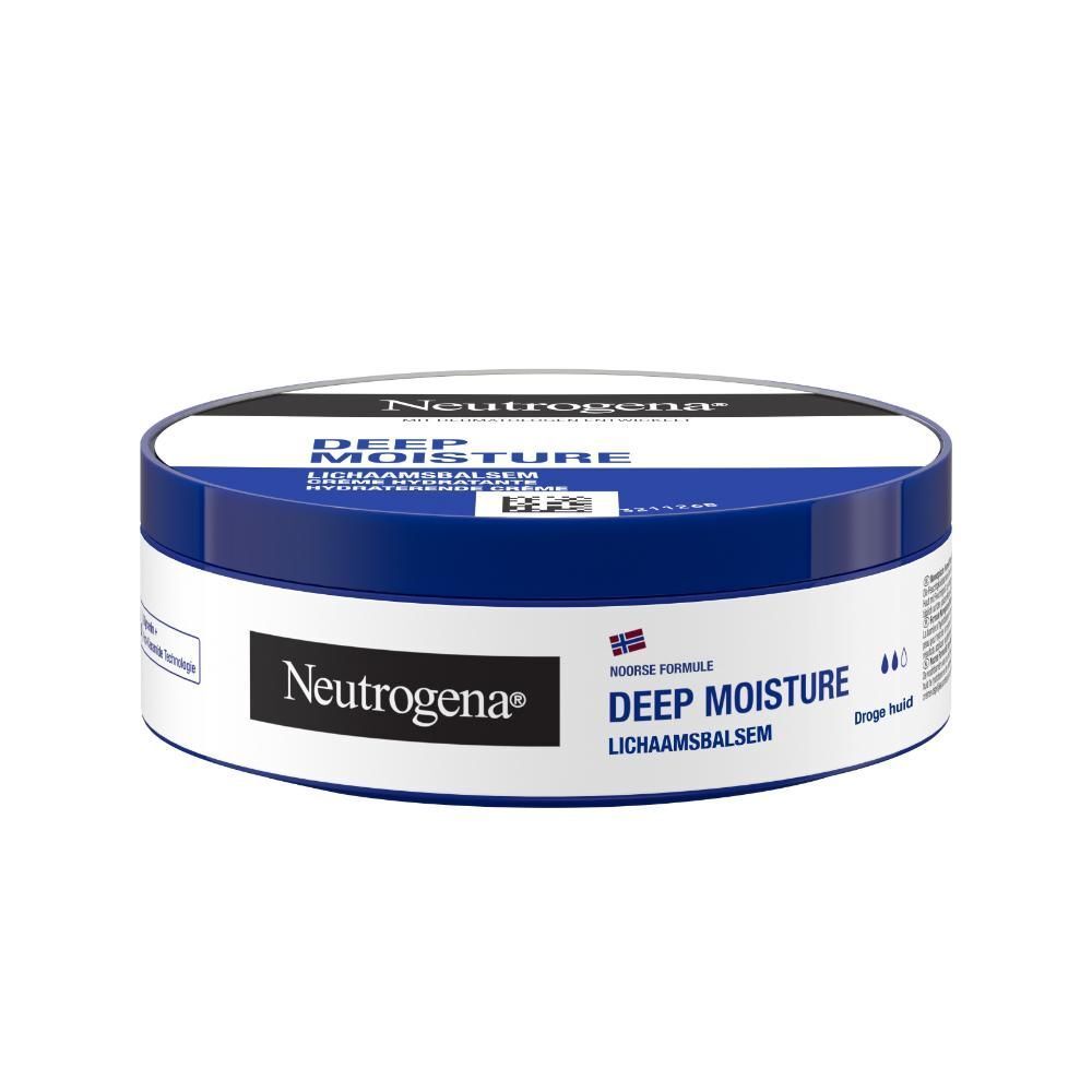 Blauwe pot Neutrogena® Deep Moisture. Productnaam en merk duidelijk zichtbaar.