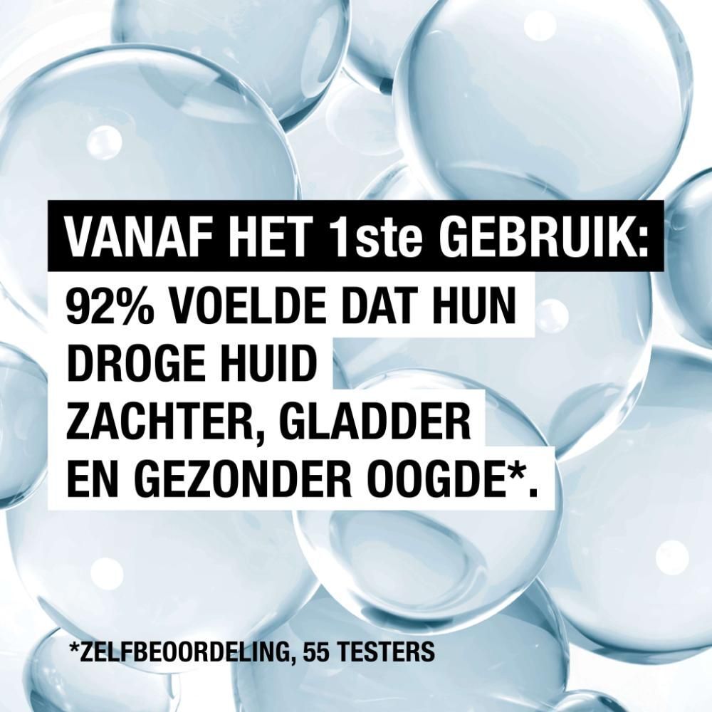 Tekst: 92% bevestigt zachte, gladde huid na het eerste gebruik.