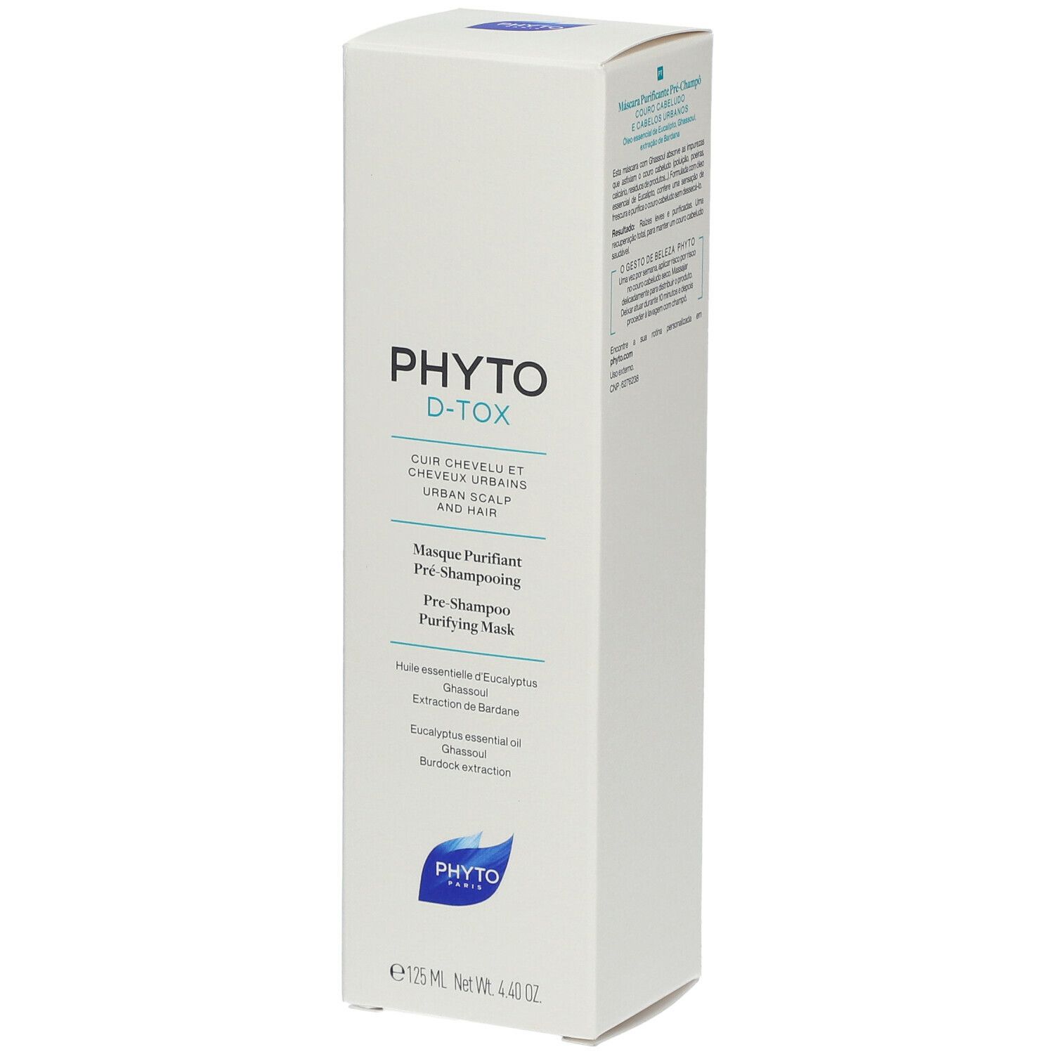 Boîte blanche avec informations produit. Inscription: PHYTODETOX, Masque Purifiant Pré-Shampooing. Logo: feuille bleue.