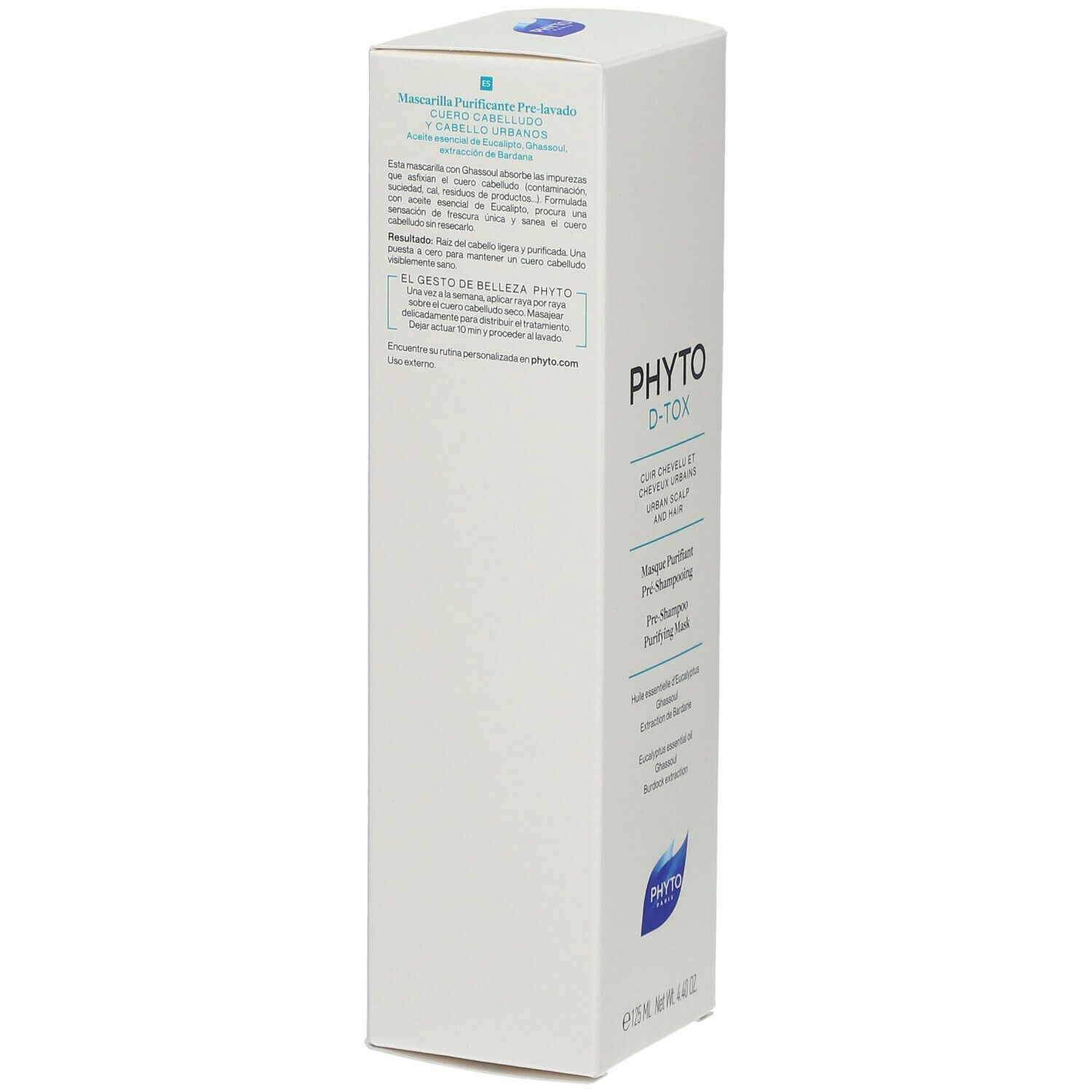 Boîte blanche, informations produit. Inscription: PHYTODETOX, Masque Purifiant Pré-Shampooing. Logo: feuille bleue. Texte multilingue.