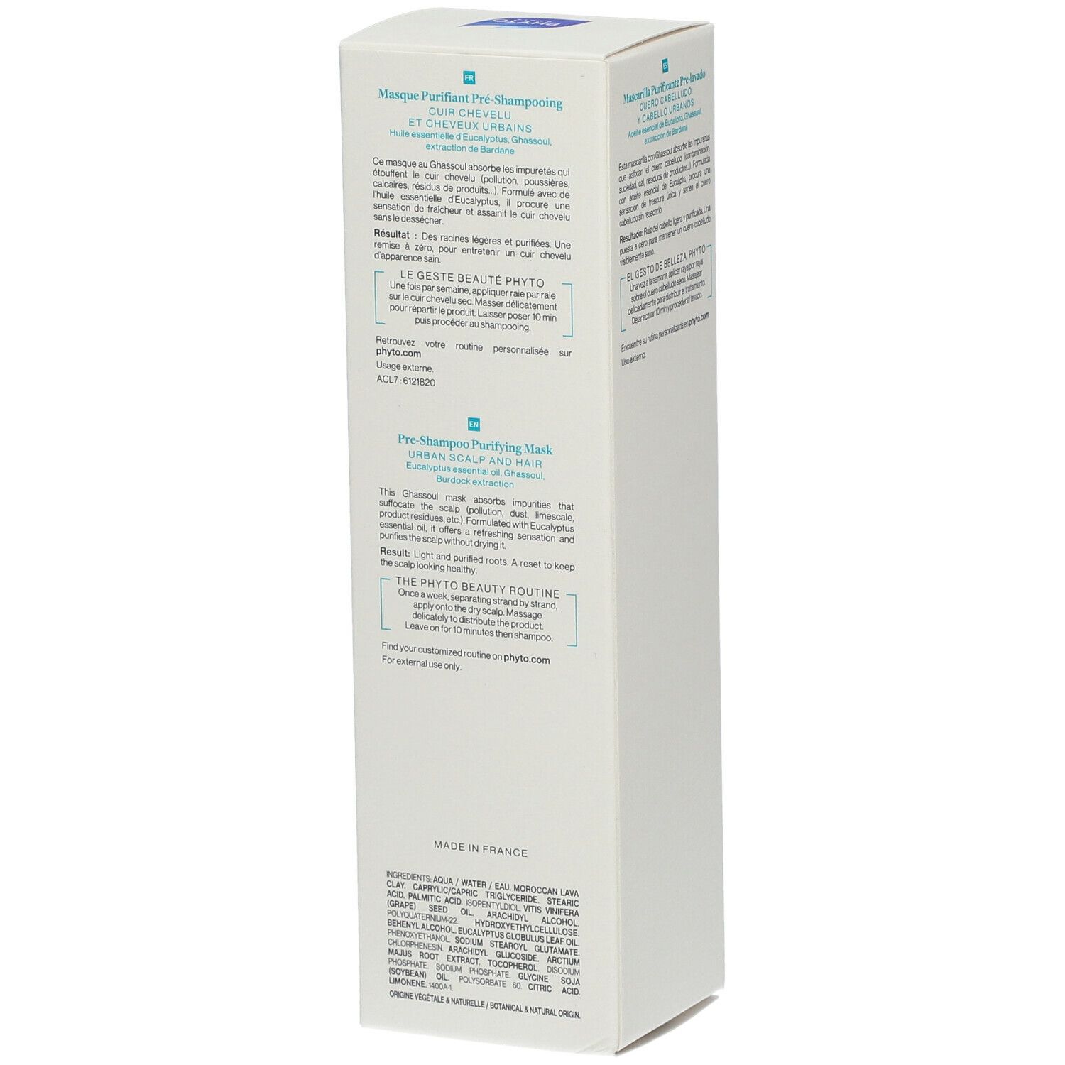 Boîte blanche avec informations produit. Inscription: PHYTODETOX, Masque Purifiant Pré-Shampooing. Logo: feuille bleue. Texte multilingue.
