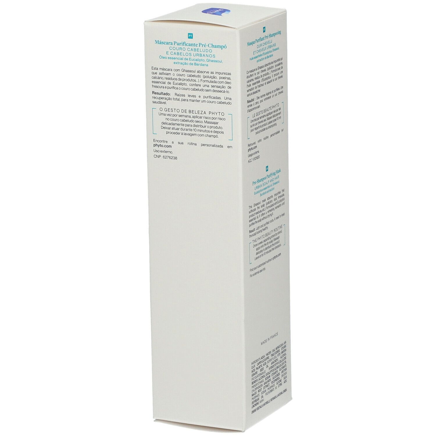 Boîte blanche avec informations produit. Inscription: PHYTODETOX, Masque Purifiant Pré-Shampooing. Logo: feuille bleue. Texte multilingue.