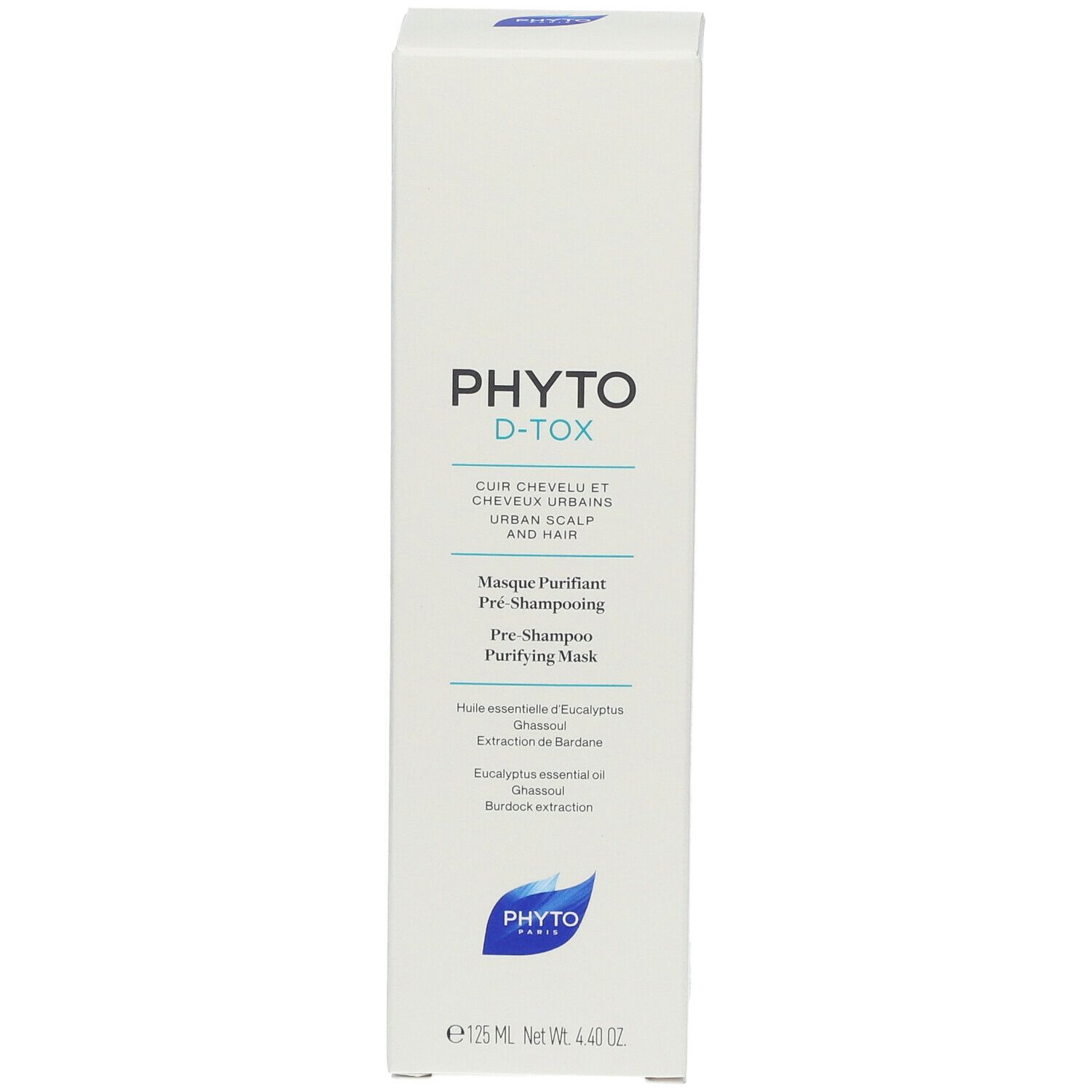 Boîte blanche avec informations produit. Inscription: PHYTODETOX, Masque Purifiant Pré-Shampooing. Logo: feuille bleue. Volume: 125 ml.